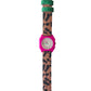 Watch with a leopard print strap and pink case on a white background