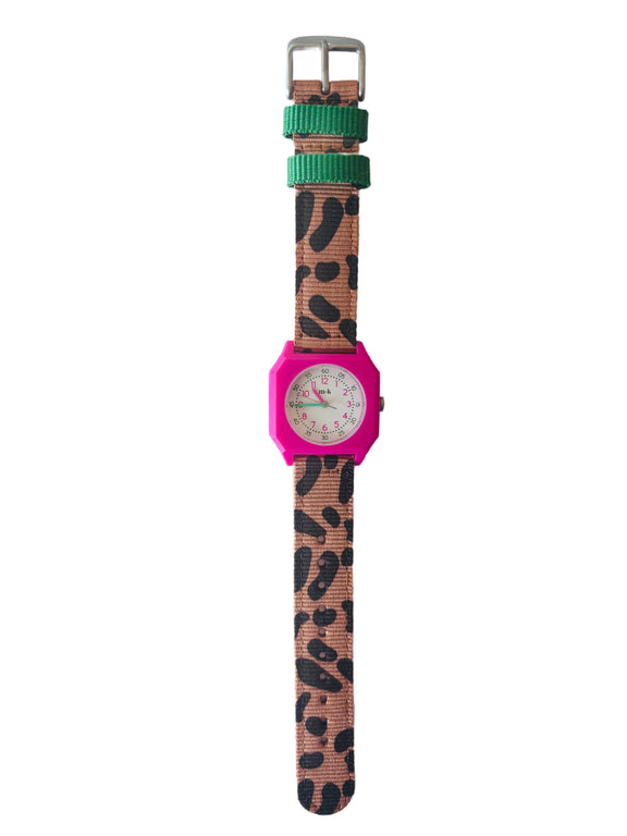 Watch with a leopard print strap and pink case on a white background