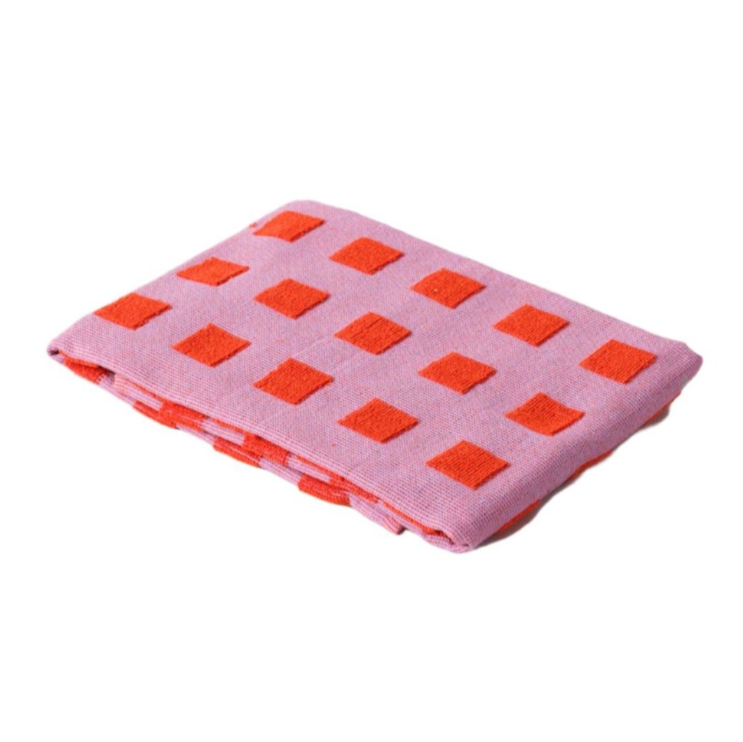 Lilac Tea Towel Red Squares