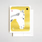 Greeting card with a white horse illustration on a yellow background