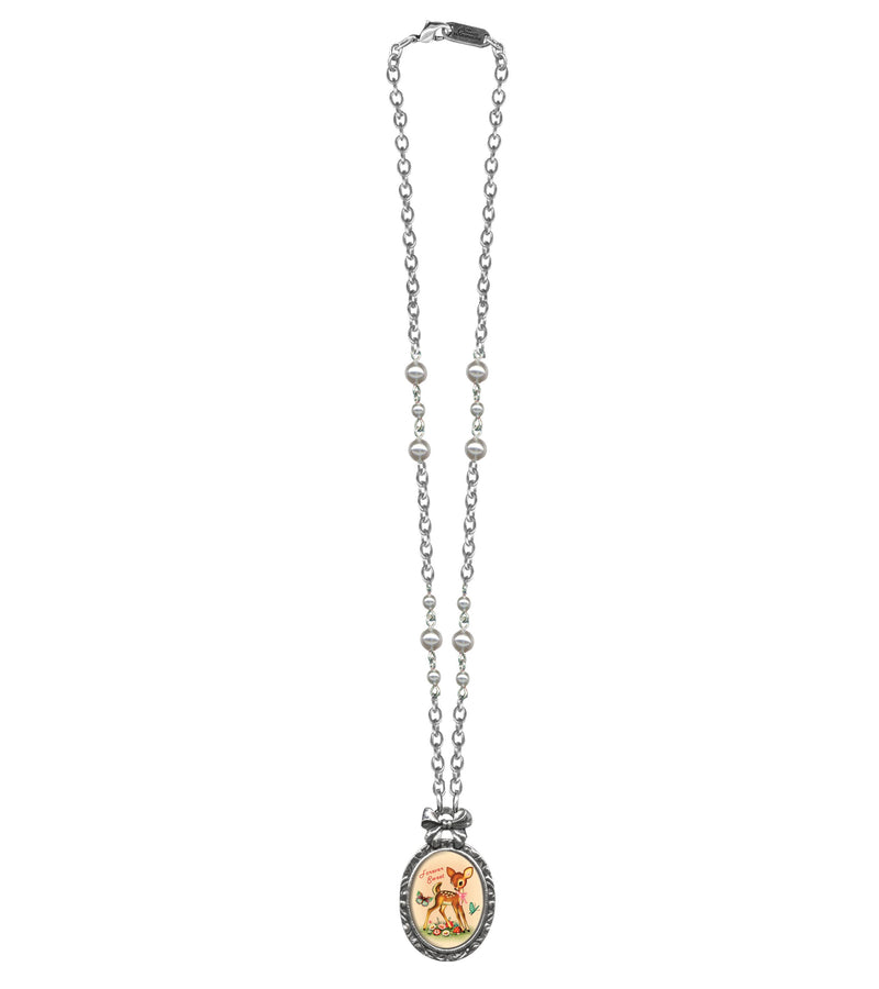 Forever Sweet Victorian Oval Bow Frame Necklace: Long Silver Chain