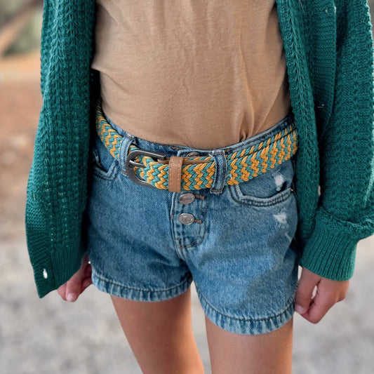 Green/Yellow Kids Stretch Cord Braided Belt (4-7Y)