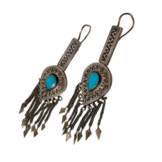 Turkmen Silver and Turquoise Fringe Earrings