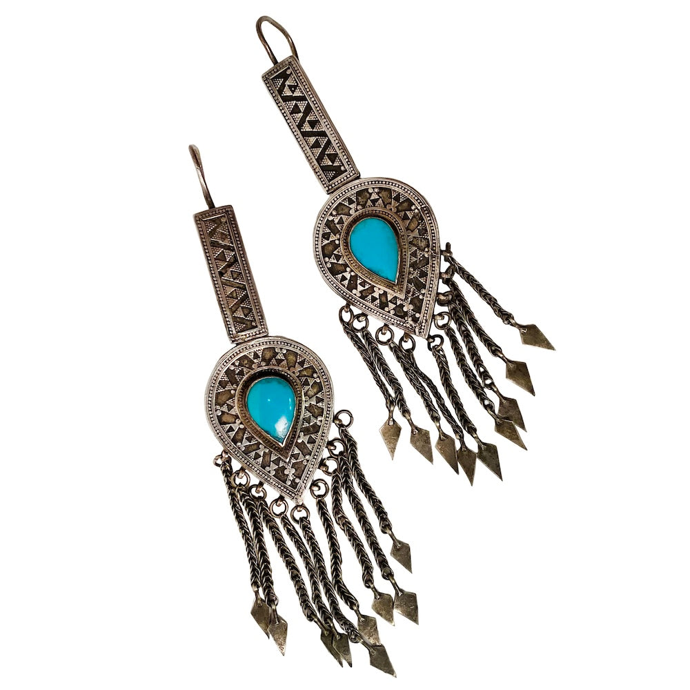 Turkmen Silver and Turquoise Fringe Earrings