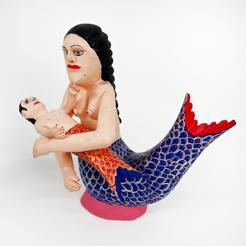 Oaxacan Carved Wood Mermaid & Child, Coindo Melchor Gomez