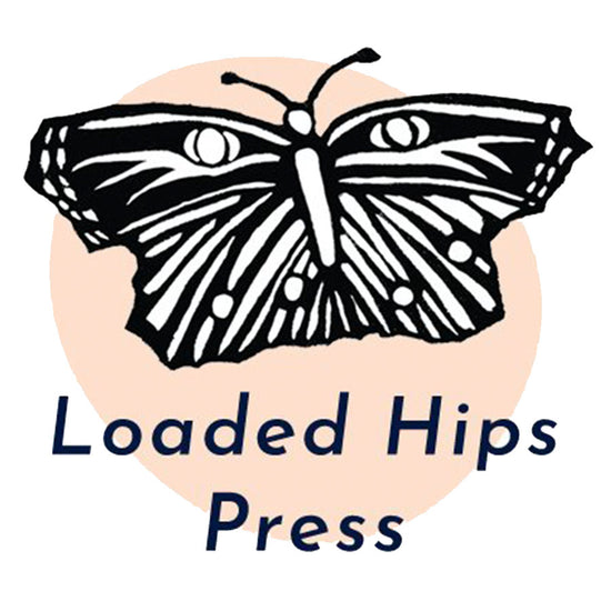 Logo with a black butterfly on a peach background and 'Loaded Hips Press' text.