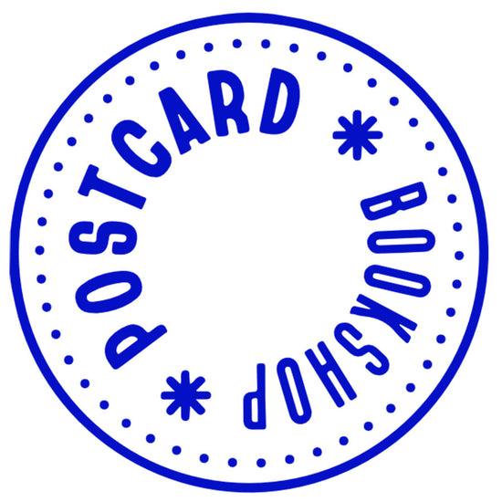 Circular logo with 'POSTCARD BOOKSHOP' text and star patterns.