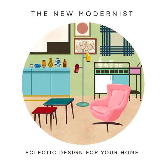 Illustration of a modern home interior with a pink chair and teal table.