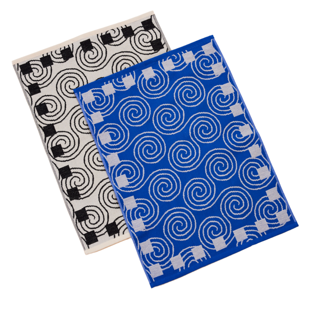 spiral dishtowels in blue and black and white